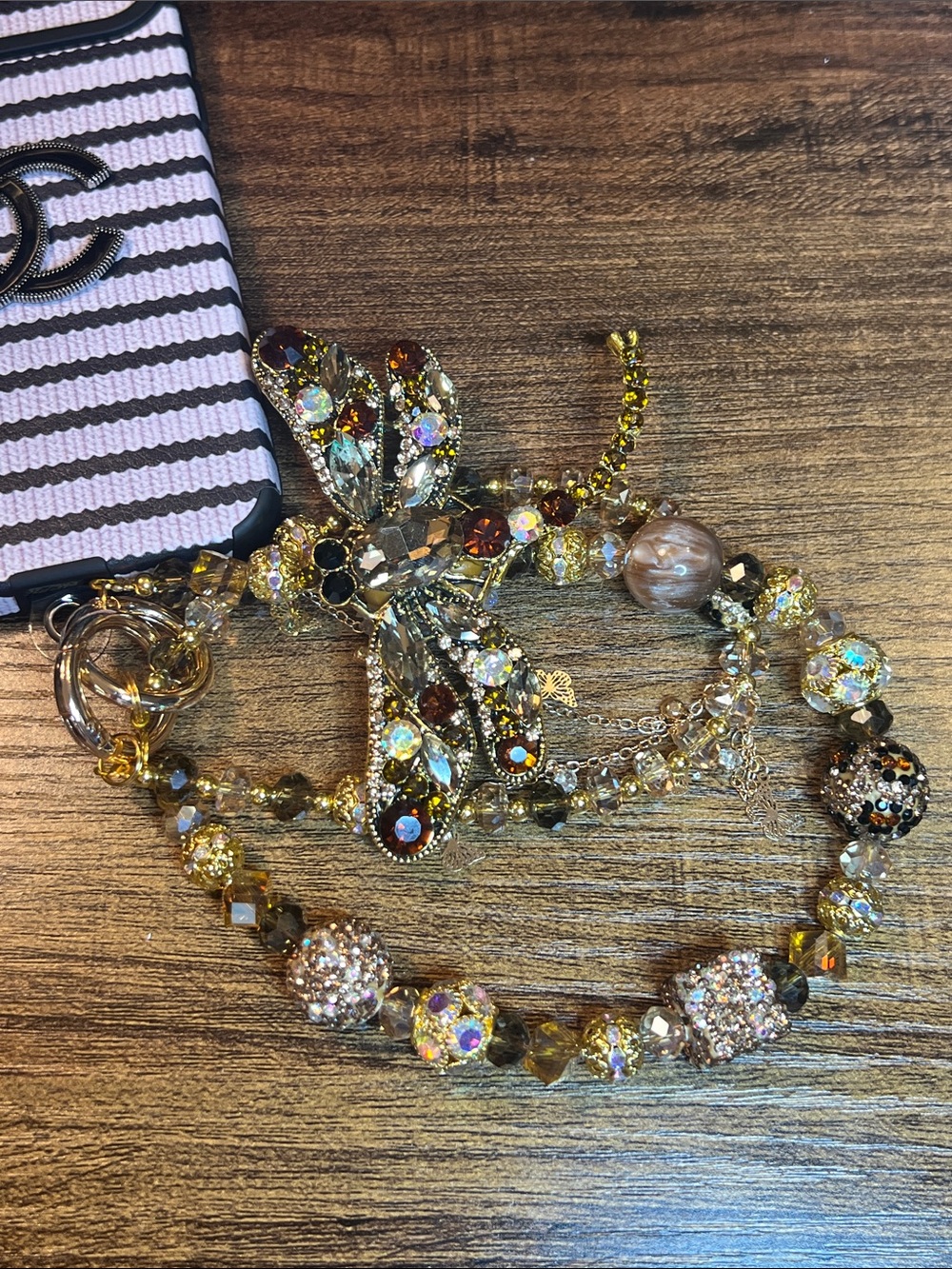 Phone Crystal Bee Charm Beaded Wristlet - Gold and Champagne